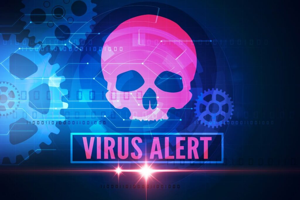 3d concept of a red skull virus alert being shown on a screen being acknowledged by an anti virus